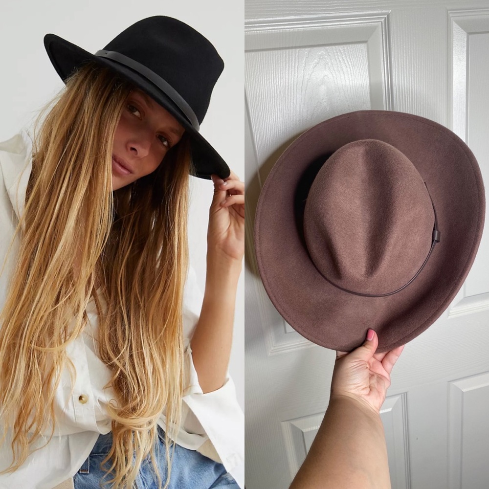 Free People Wide Brim Wool Fedora Hat in Black and Brown